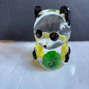 Handcrafted Art Glass Panda Bear Figurine Paperweight Clear Black Yellow Green